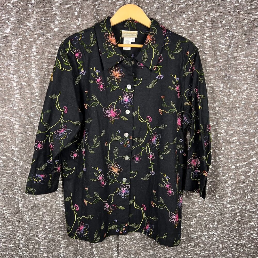 Coldwater Creek Black Flower Embroidered‎ Long Sleeve Button Up